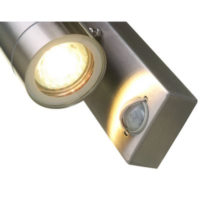 Anti-corrosion lacquered finish, Adjustable range, Adjustable lux, Adjustable time, IP44, 2x GU10 Lamps, PIR