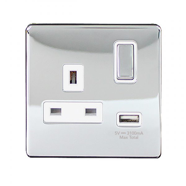 Switched Socket 1 Gang SP 13A & 2.1A USB Charger Screwless