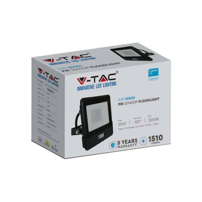 V-TAC LED FLD 20W 4K BLK PIR